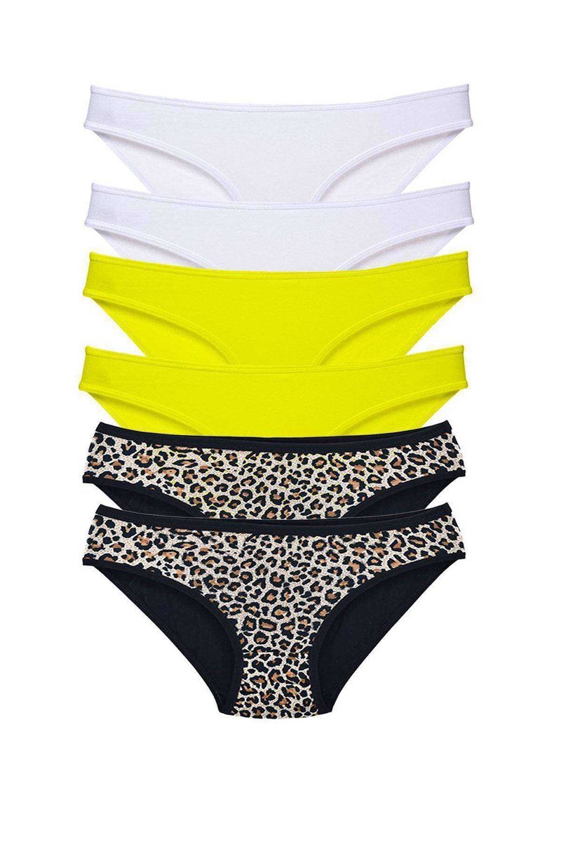 617d55f579a9d-3896 6 Adet Likralı Kadın Slip Külot Leopar Beyaz Sarı - Görsel 1