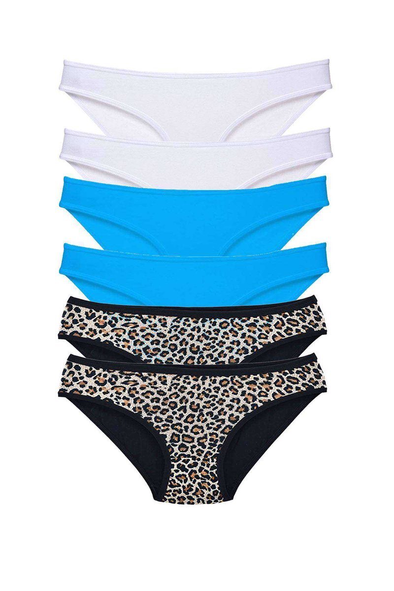 617d5680acd04-3900 6 Adet Likralı Kadın Slip Külot Leopar Beyaz Mavi - Görsel 1