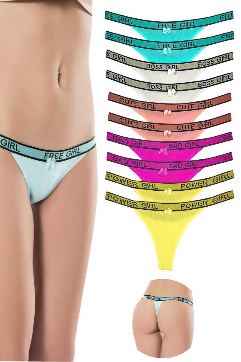 61fbeda1be19f-8937 10 Adet Beli Yazılı Pamuk Kadın Tanga String Külot - Görsel 1