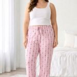 Viskon Pamuklu Kadın Büyük Beden Açık Pembe Desenli Pijama Pantolon - MGB007 - Mudanis