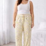 Viskon Pamuklu Kadın Büyük Beden Açık Sarı Desenli Pijama Pantolon - MGB010 - Mudanis