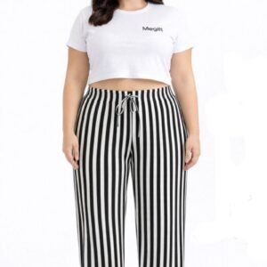 Viskon Pamuklu Kadın Büyük Beden Siyah Çizgili Pijama Pantolon - MGB001 - Mudanis