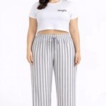 Viskon Pamuklu Kadın Büyük Beden Açık Gri Çizgili Pijama Pantolon - MGB006 - Mudanis