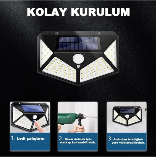 100 Led Dış Mekan Solar Aydınlatma Fotoselli Solar Lamba Hareket Sensörlü - Görsel 4